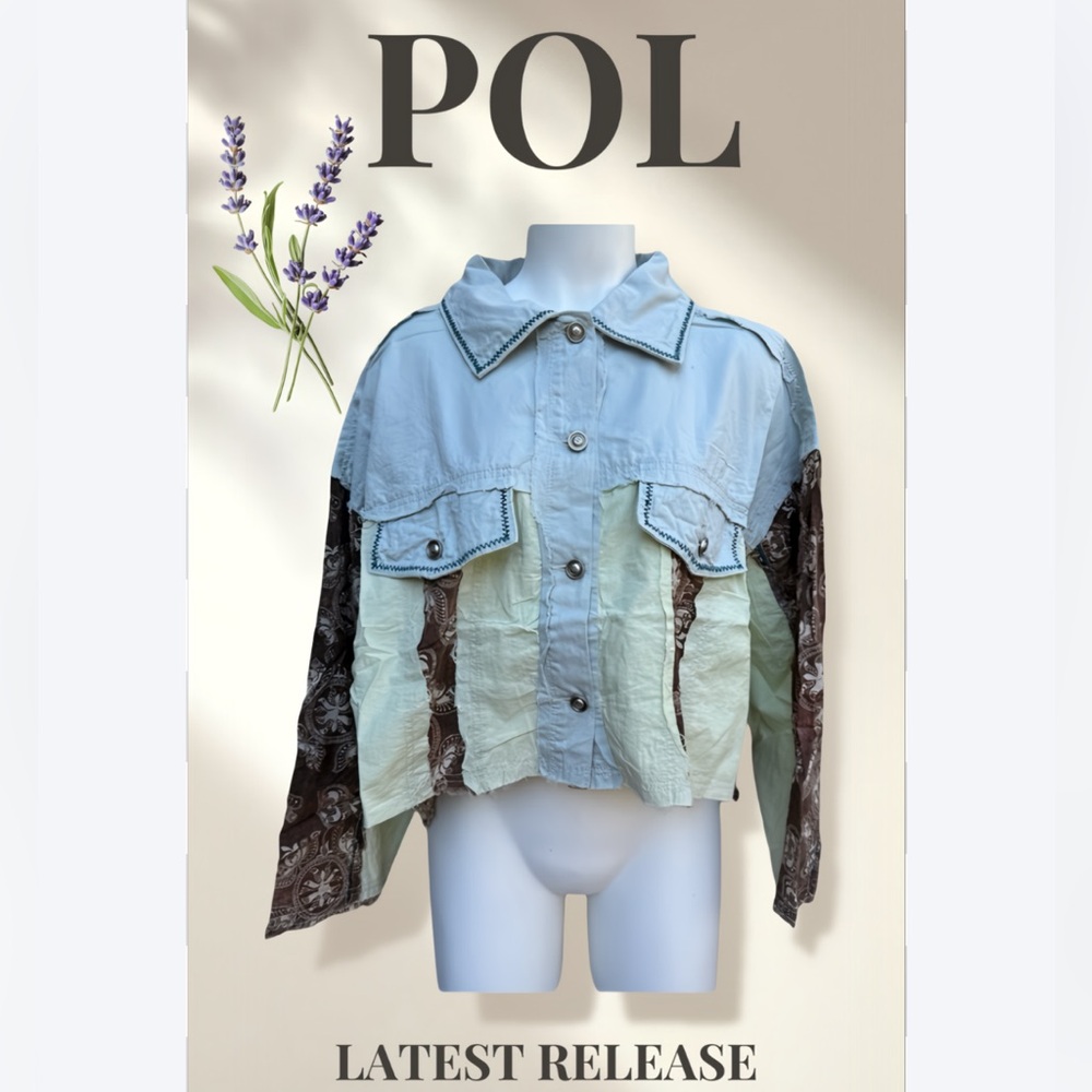 POL Two-Tone Denim blouse with Brown Accents